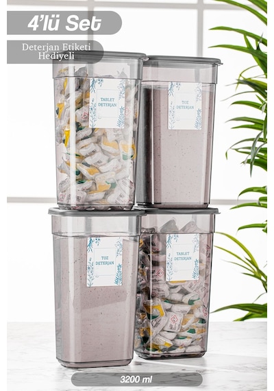 4 Adet Elina Jumbo Etiketli Dikdörtgen Saklama Kabı - Tablet Deterjan Saklama Kutusu Seti 3200 Ml