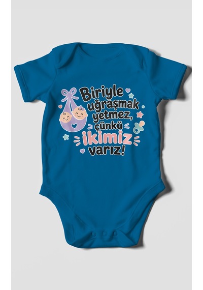 Morivokids Biriyle Uğraşmak Yetmez, Yazılı Kısa Kollu Bebek Body %100 Pamuk Koyu Mavi