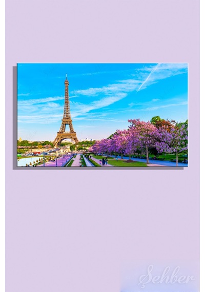 Yatay Kanvas Tablo Tekli Ev Kafe Ofis Paris Eyfel Kulesi Bahar Çiçek Açmış Ağaçlar 2346