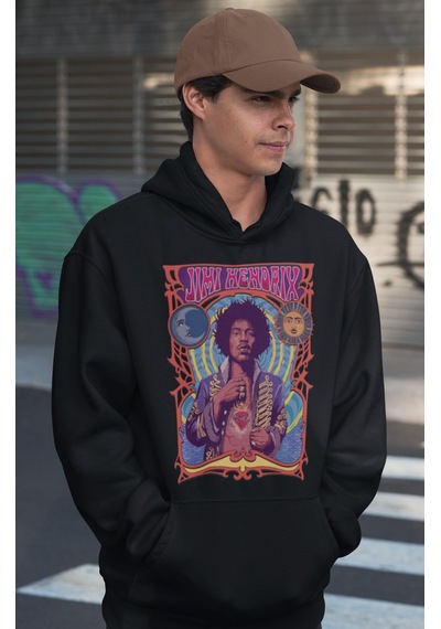 Sevbano Jimi Hendrix Baskılı Unisex Oversize Şarkıcı Hoodie Siyah