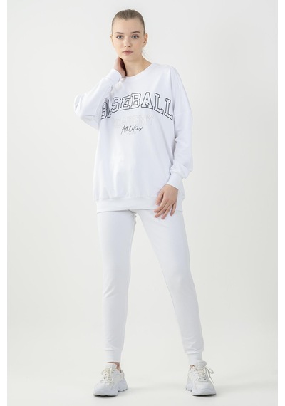 Maraton Sportswear Oversize Kadın Bisiklet Yaka Uzun Kol Basic Beyaz Sweatshirt 22185-beyaz Beyaz