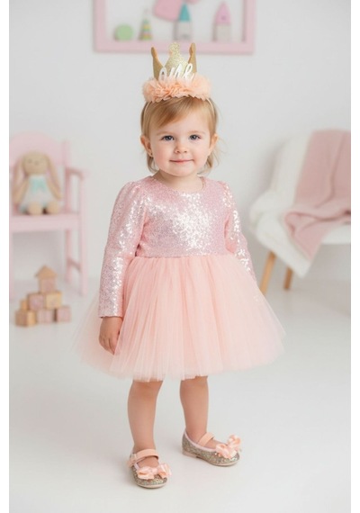 Le Mabelle Somon Pullu Uzun Kollu Kız Bebek Elbise - Berry Pembe