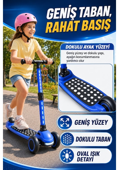 Mavi Speedx Wx-817 Rgb Işıklı Müzikli Çocuk Scooter Ayarlanabilir Alüminyum T-bar Tekerlekli Frenli