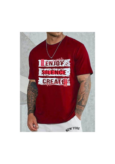 Medinenur Enjoy Baskılı Unisex Bisiklet Yaka Tshirt Kırmızı
