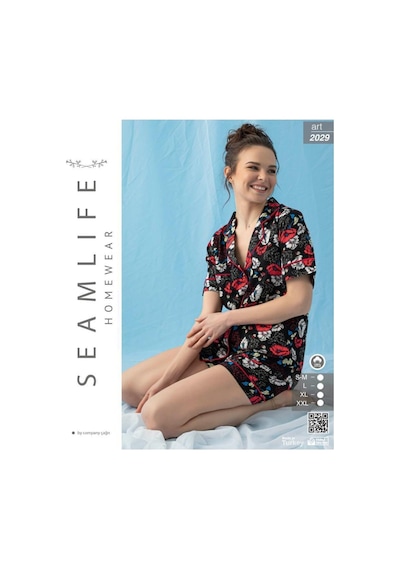 Seamlife Kadın Kısa Kol Şortlu Dokuma Gömlek Pijama Takımı Siyah