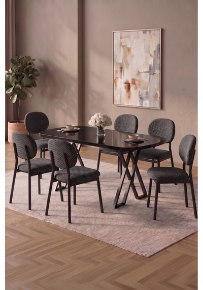 Hooli 90x168 Siyah Mdf Masa, Metal X Ayak, Metal Sandalye, 6 Kişilik Mutfak Masası Takımı Ve Yemek Masası Takımı Antrasit Hooli 90x168 Siyah Mdf Masa, Metal X Ayak, Metal Sandalye, 6 Kişilik Mutfak Masası Takımı Ve Yemek Masası Takımı Antrasit