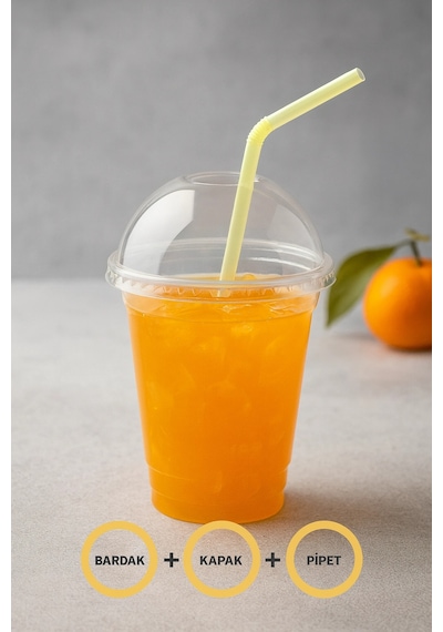 Kapaklı Pipetli Şeffaf Plastik Bardak Pet Kahve Limonata Milkshake Bardağı 100 Adet Şeffaf