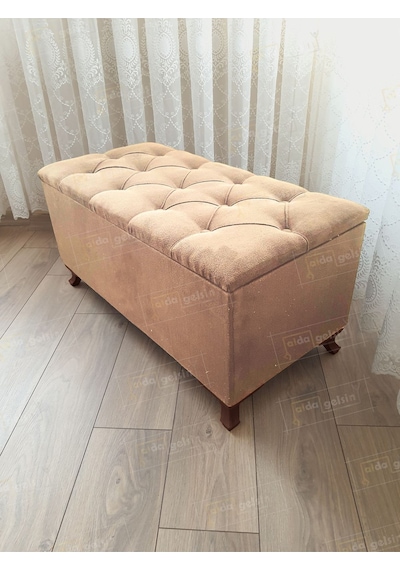 Lüks Sandıklı Kapitoneli Ayakucu Puf Bench 90 Cm Ceviz Ayak Vizon