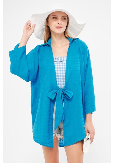 Armonika Kadın Mavi Kendinden Çizgili Önden Bağlamalı Kimono Gömlek Arm-24y001101