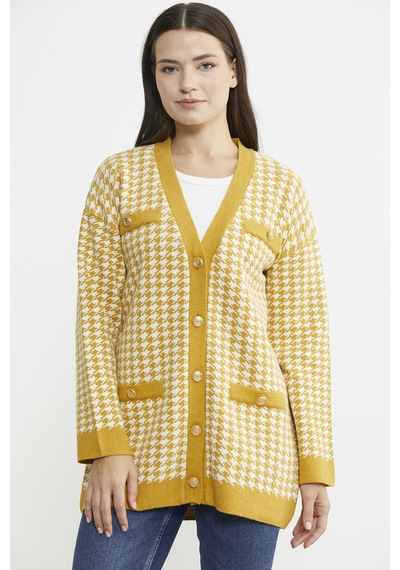 Kazayağı Motif Oversize Triko Ceket - Güneş 001