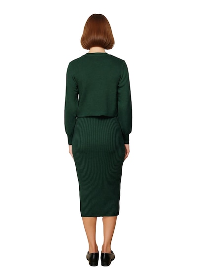 Ersefa Kadın Şık Akrilik Bisiklet Yaka Uzun Kol Bodycon Midi Triko Elbis Zümrüt Yeşili