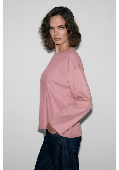Grımelange Neat Kadın Organik Pamuklu Bisiklet Yaka Oversize Fit Uzun Kollu Pembe T-shirt Pembe