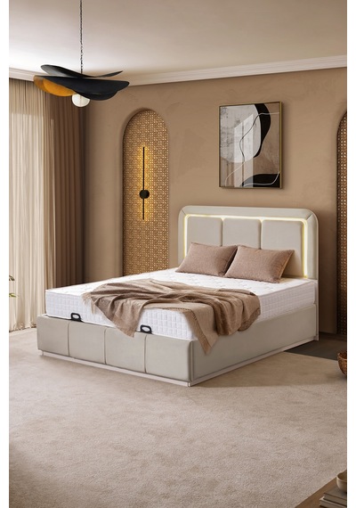 Demonte Baza Seti, Nox Ledli Çift Kişilik Baza Başlık Maxi Yatak Seti, Bej - 160x200 Cm 160 x 200