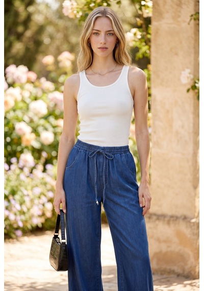 Soulshae Yüksek Bel Beli Lastikli Denim Pantolon Mavi