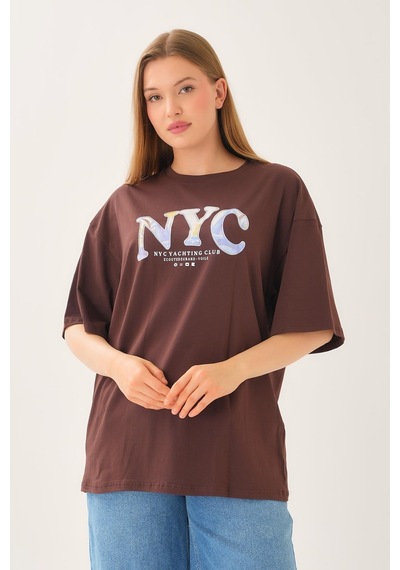 Alexandergardi Geniş Kalıp Bisiklet Yaka Baskılı Kısa Kollu T-shirt Kahverengi