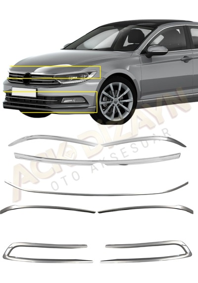 Volkswagen Passat B8 2015-2019 Ön Krom Seti 3'lü Ön Tampon Çıtası+sis Çerçevesi+far Kaşı A+