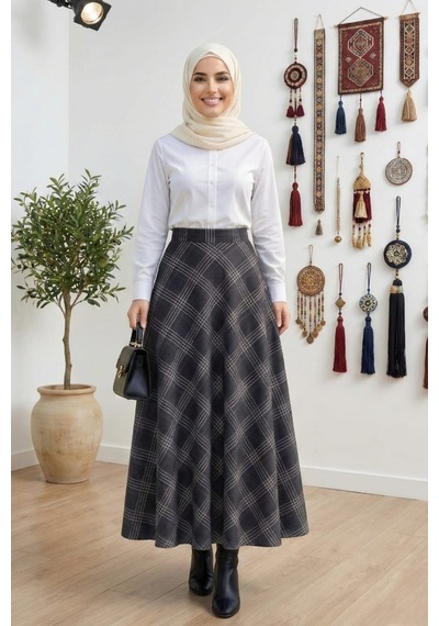 Hb Harma Time Butik Kadın Ekose Kumaş Desenli Siyah Etek Siyah Siyah