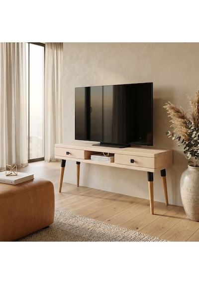 Mobenta Modest Tv: İskandinav Masif Tv Ünitesi 2 Çekmeceli 1 Raflı - 150 Bz Krem
