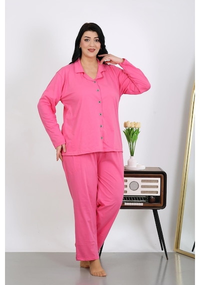 Akbeniz Kadın Büyük Beden Pamuklu Cepli Düğmeli Pembe Pijama Takım 202504 Pembe