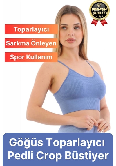 Svein Göğüs Toparlayıcı Sarkma Önleyen Gündelik Spor Kullanım İnce İp Askılı Pedli Çizgili Crop Büstiyer Mavi