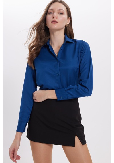 Tudors Kadın Slim Fit Dar Kesim Vücuda Oturan Uzun Kollu Lacivert Basic Gömlek-38823
