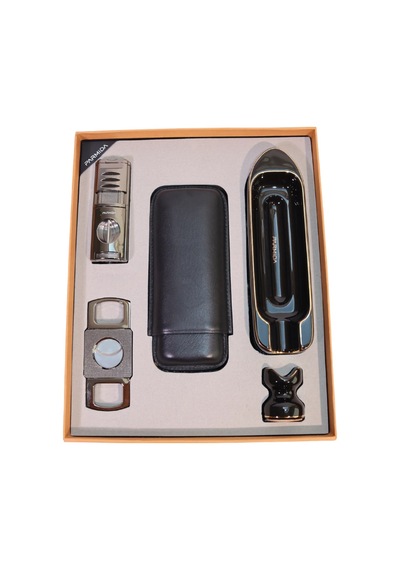 Parmida 3 Torch Pürmüz Çakmak Kılıf Küllük Kesici Sehpa Gunmetal Siyah Beşli Puro Seti Tr10027