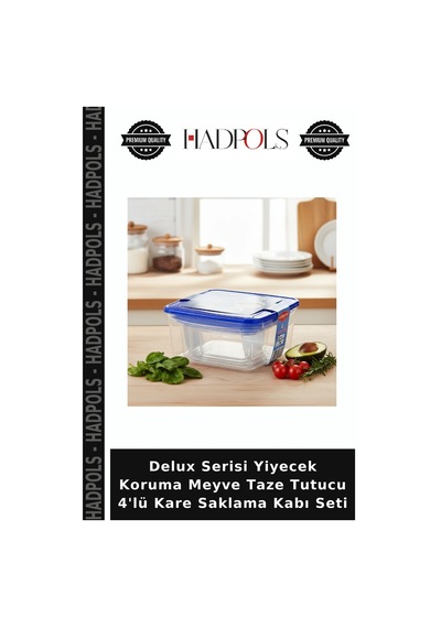 Delux Serisi Yiyecek Koruma Meyve Taze Tutucu 4'lü Kare Saklama Kabı Seti Mavi - Şeffaf