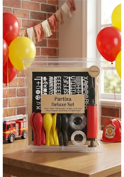 İtfaiyeci Temalı Doğum Günü Süsleme Deluxe Set Siyah Keçe Yazı Panosu Standlı Balon Zincirli 7li Şeffaf Balon Standlı İtfaiye Seti