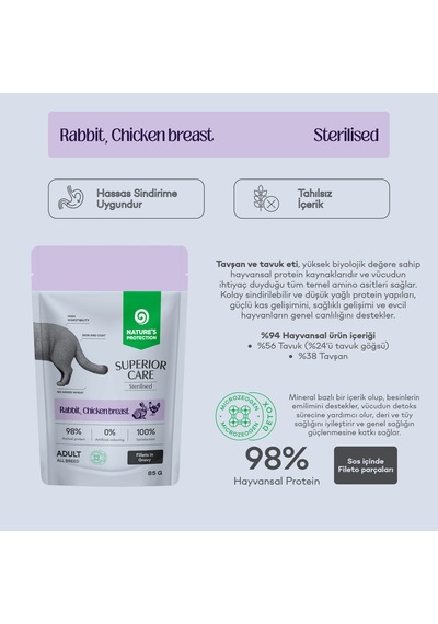 Nature S Protection Superior Care Tavşanlı & Tavuk Göğüslü Sos İçinde Kısırlaştırılmış Kediler İçin Yaş Kedi Maması 85g