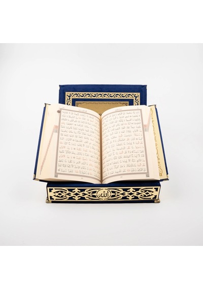 Raşel Kutulu Hediyelik Kuran-ı Kerim Orta Boy, Lacivert, Elif-vav Gold Pleksi