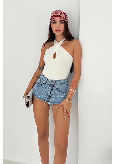 Taş Detaylı Denim Şort Mavi