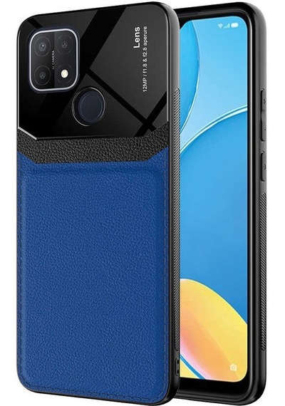 Noktaks - Oppo A15s Uyumlu Kılıf Deri Görünümlü Kamera Adası Parlak Emiks Kapak - Lacivert - T17566