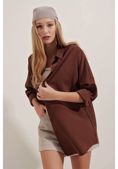 Bigdart Oversize Uzun Basic Kahverengi Kadın Gömlek 3900 Kahverengi