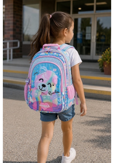Okul Sırt Çantası Pembe Cute Cat Bear 3 Bölmeli Ortopedik Matara Cepli 42x27x18cm Çok Renkli