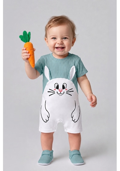 Babyden's Tavşan Baskılı Şortlu Erkek Bebek Tulum %100 Pamuk Yazlık Kısa Kollu Çıtçıtlı Yenidoğan Bebek Tulumu 0-9 Ay Açık Haki