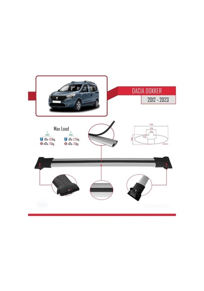 Accessorypart Dacia Dokker 2012 Ve Sonrası İle Uyumlu Fly Model Ara Atkı Tavan Barı Gri