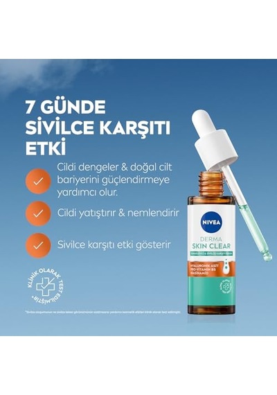 Nıvea Derma Skin Clear Dengeleyici Ve Sivilce Karşıtı Serum 30ml, Cildi Yatıştırır, Komedojenik Değildir,niasinamid, Hyaluronik Asit, Pro Vitamin B5,yağlı,karma Cilt