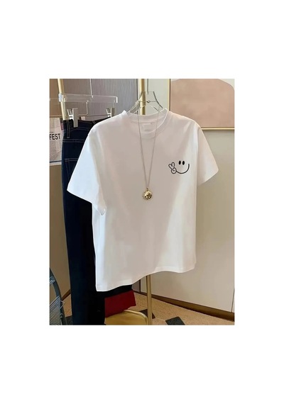 Kadın Gülücük Baskılı Tişört Kısa Kol Bisiklet Yaka Oversize T-shirt - Beyaz