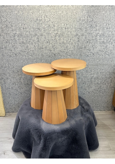 Kayın Kaplamalı Mdf Mantar Sehpa 3 Lü Set