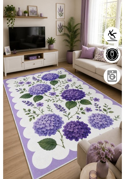 Floral Mor Ortanca Desen Baskılı Kaymaz Yıkanabilir Salon Oturma Odası Mutfak Balkon Halısı Yolluk