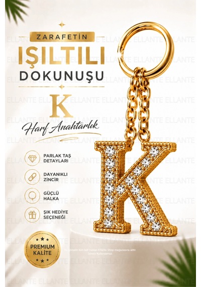 Kişiye Özel Harf Anahtarlık Altın Renk Zirkon Taşlı Şık Çanta Süsü Anahtar Aksesuarı Hediyelik Harf 08005631