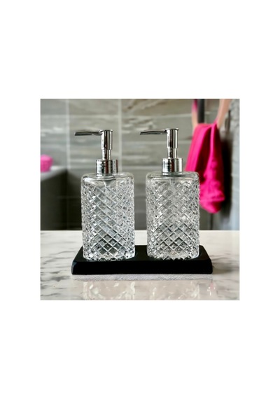 Siyah Standlı 2 Li Cam 500 Ml Gri Başlıklı Sıvı Sabun Bulaşık Deterjan Şişesi Sabunluk Set Şeffaf Şeffaf