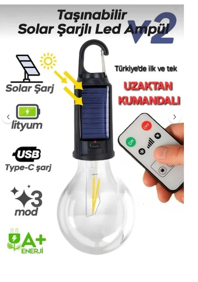 Taşınabilir Solar Usb Şarjlı Led Ampül-outdoor Kamp Bahçe Lambası-askılı Kırılmaz-kumandalı 1