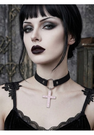 Kadın Gotik Haç Choker Kolye Siyah Deri Boyunluk, Taşlı Haç Kolye Ucu, Y2k Punk Gothic Ayarlanabilir Kolye Pembe