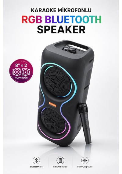 Aşınabilir Mikrofonlu 50w Led Işıklı Bluetooth Hoparlör Seti