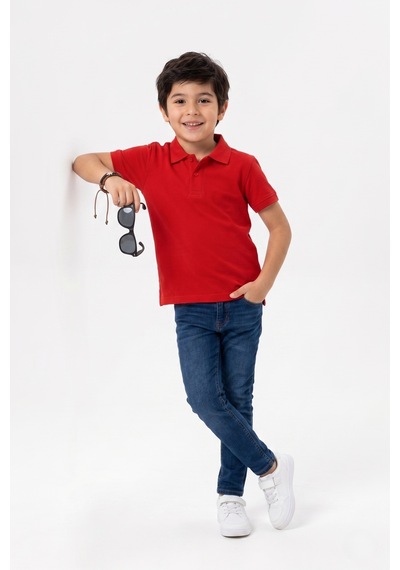Nacar Store Unisex Çocuk Polo Yaka Kısa Kollu Lakost Tişört Okula Dönüş Kırmızı