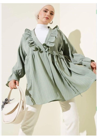 Lovie Moda Kadın Yaka Fırfırlı Kimono Haki