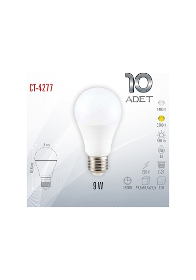Ct-4277 9w Led Ampul Beyaz 6400k 100 Adet