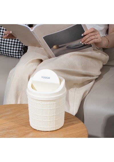 Vusıgn Mini Masaüstü Çöp Kutusu Hareketli Kapaklı 13 X 16,5 Cm Bej