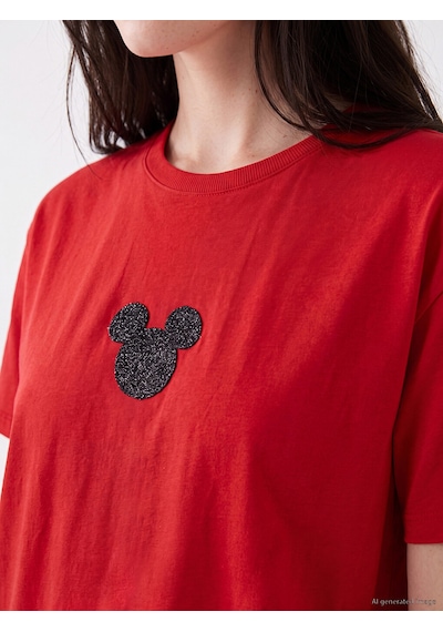 Lcw Comfort Kırmızı Minnie Mouse Nakışlı %100 Pamuklu Kadın Tişört
